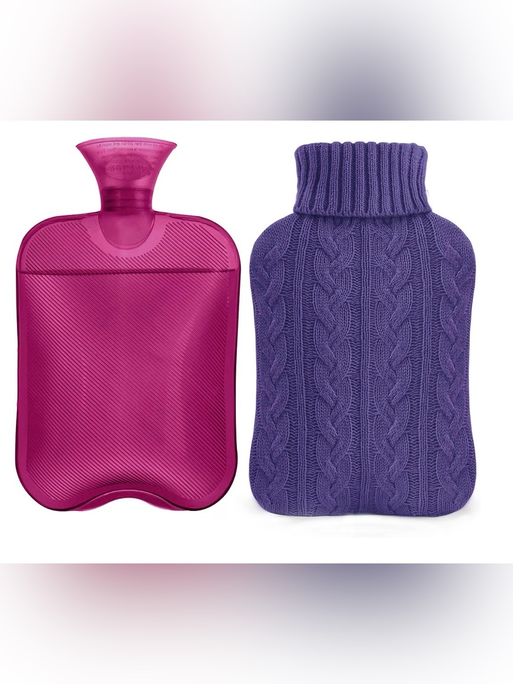 Samply Two Liter Hot Water Bottle with Cozy Purple Cable Knit Cover